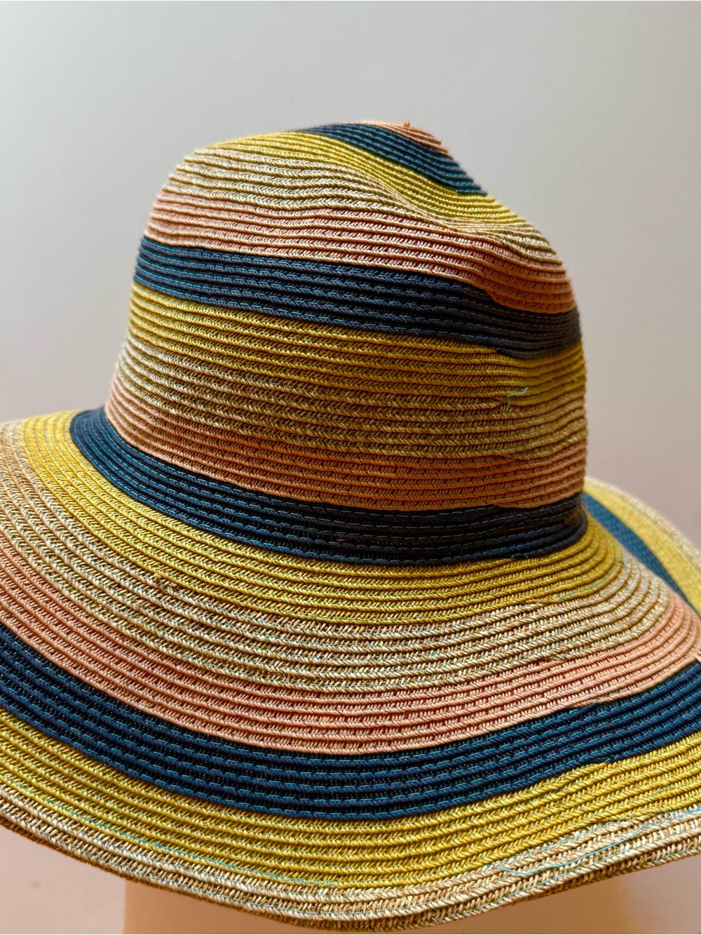Kathy Jeanne Striped Wide-Brim Summer Hat in Yellow, Blue & Peach